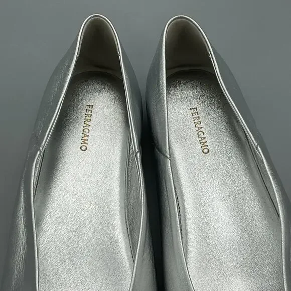 NEW Ferragamo Women’s Vanna Bow Detailed Leather Ballet Flats Silver Size 10 - Picture 6 of 10